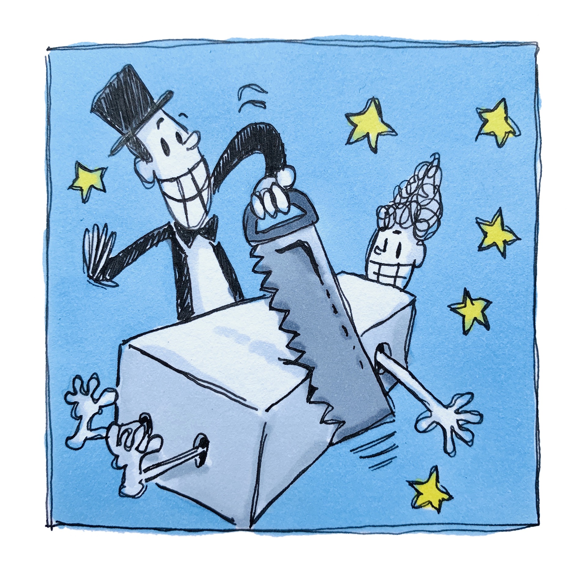 illustrated magician cutting his assistant in a box